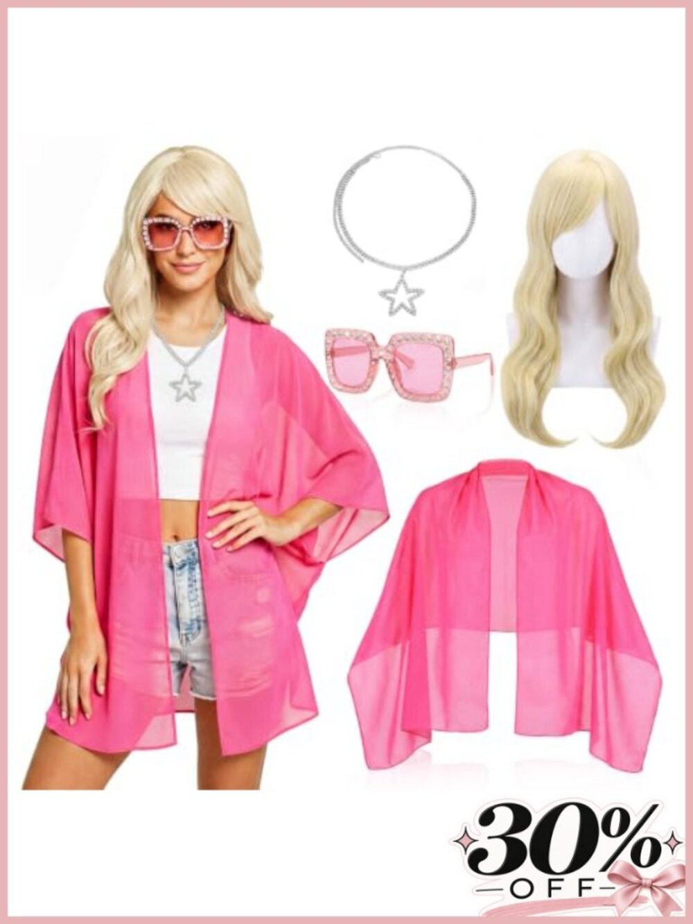 Janmercy 4 Pc Y2K Cosplay Set Chiffon Shirt Wig Glasses Star Necklace